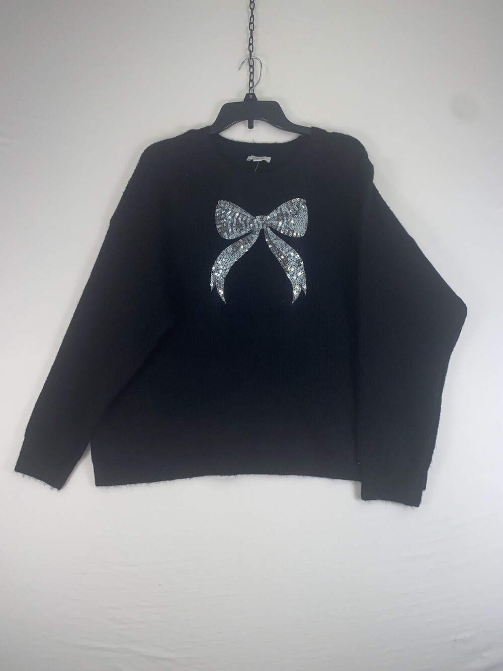 CeCe Sweater Womens Large Black Sequin Bow Holiday Crew Neck Pullover New Tags